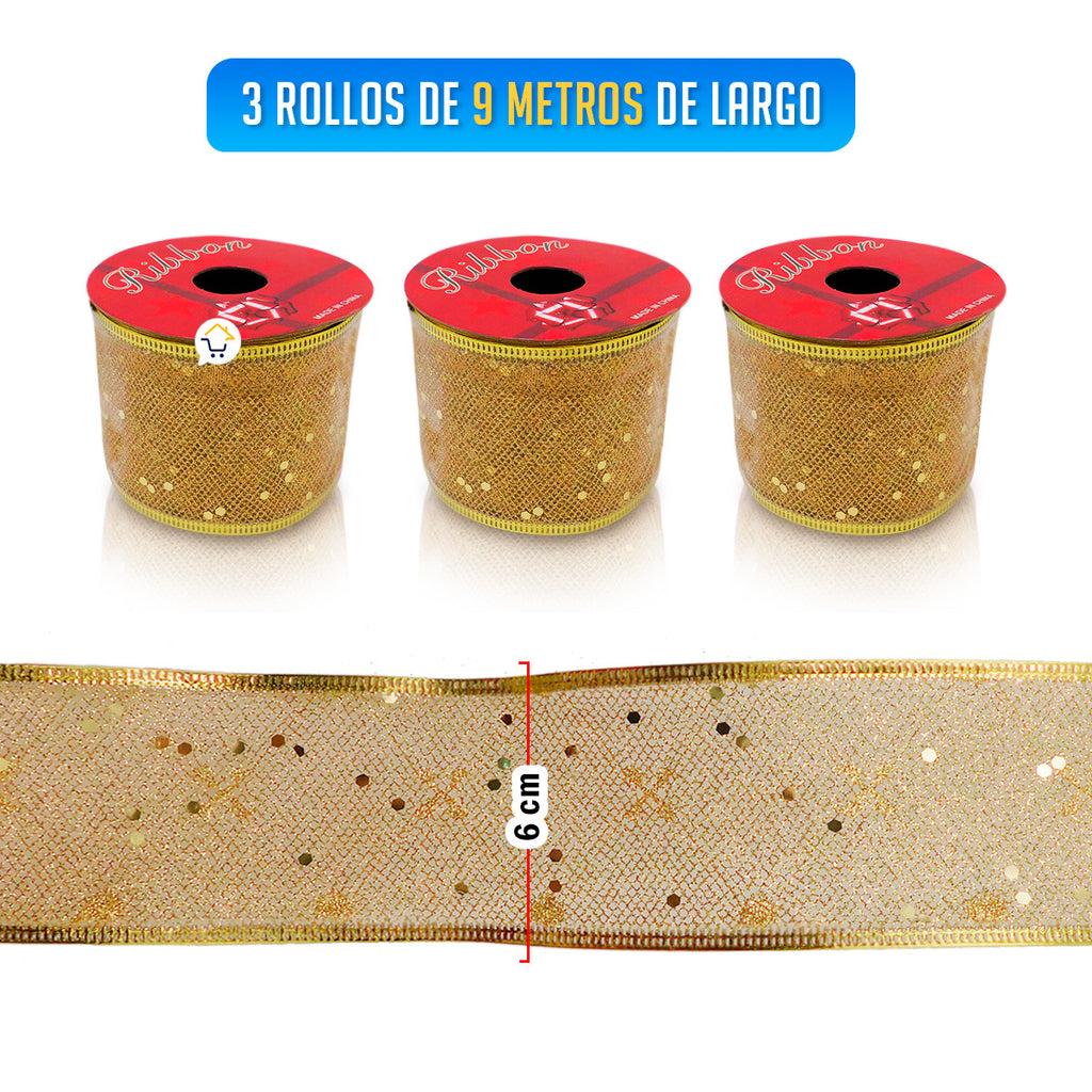 Cinta Metalizada Decorativa - 3 Rollos, 9 Metros C/U, Resistente