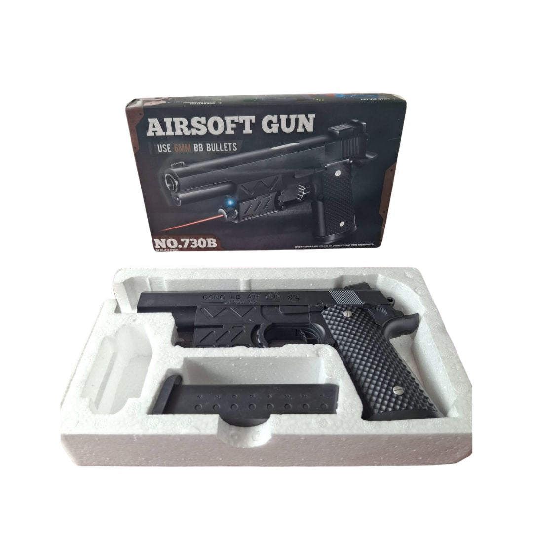Pistola Air Soft 730B con Láser, Luz y Balines