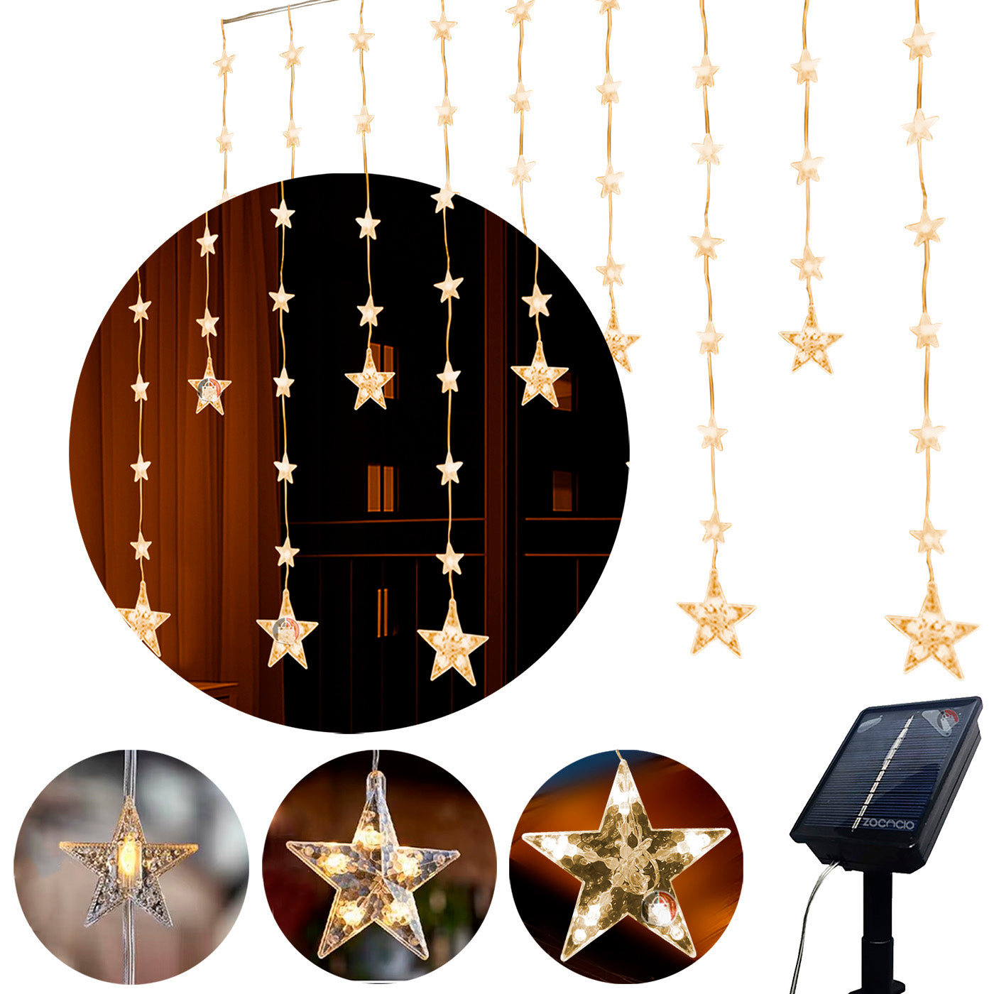 Cortina de Estrellas Solares - 3M x 90CM, Luz Cálida, Sin Cables