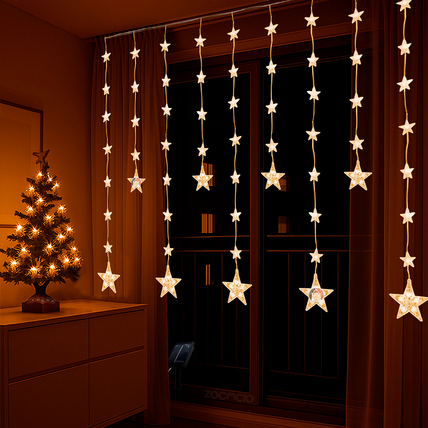 Cortina de Estrellas Solares - 3M x 90CM, Luz Cálida, Sin Cables