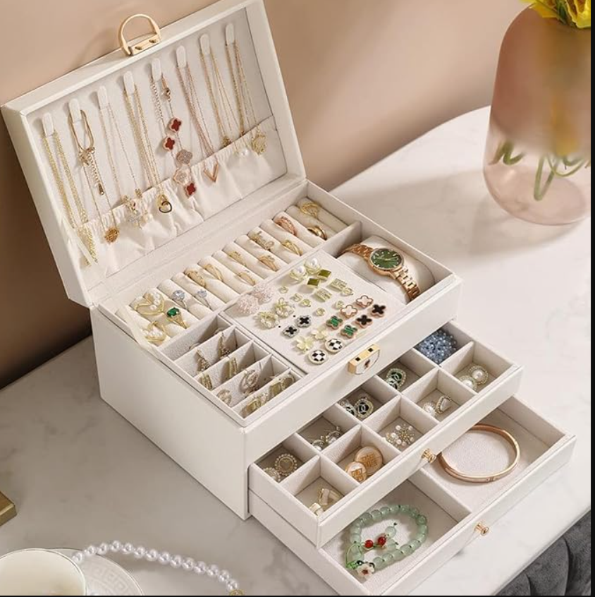 Caja de Joyería Moderna - Cuero Blanco, Multifuncional y Elegante