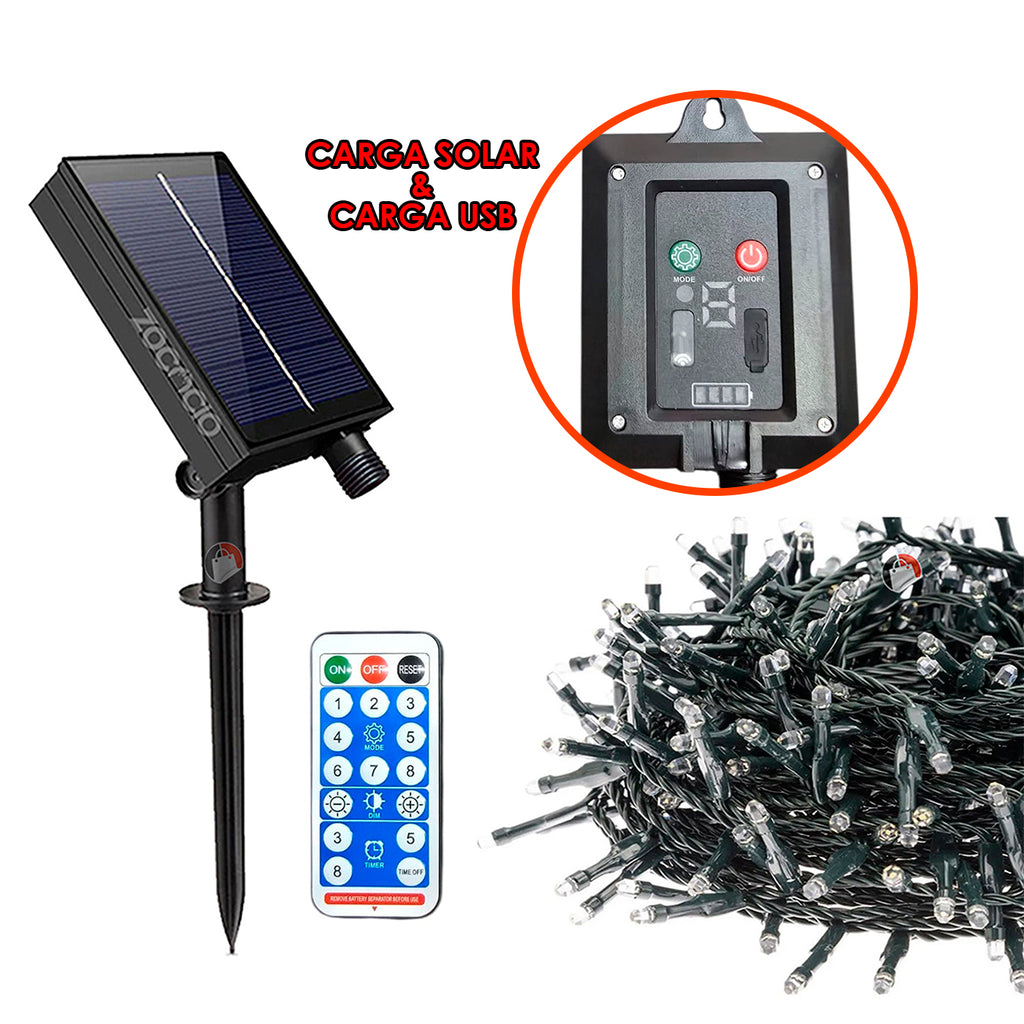 Cadena Luz Solar LED - Carga Dual, 8 Modos, Control Remoto